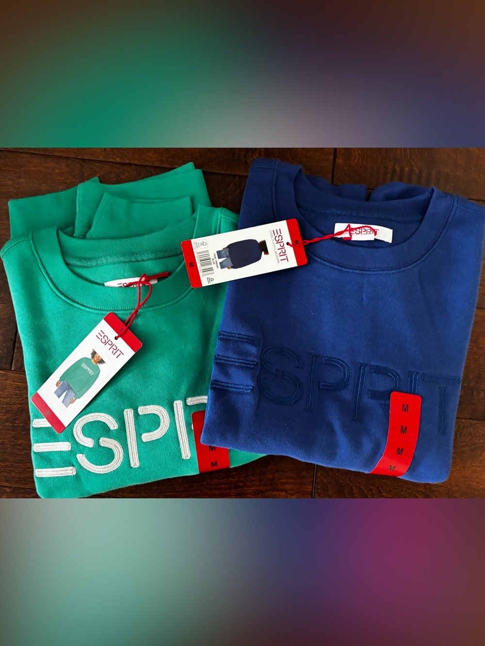 Lot of 2 NWT Esprit Logo Fleece Crewneck Sweatshirts blue  & Green Vintage sz M